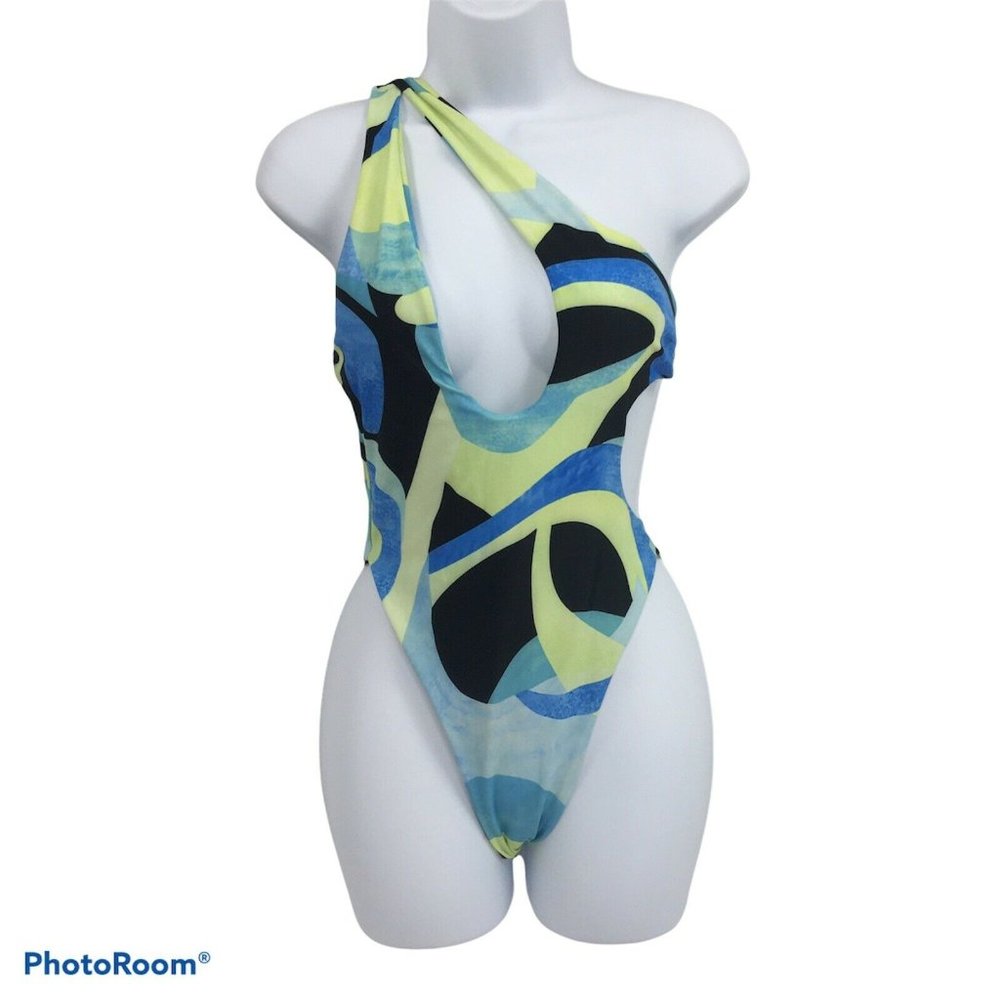 Sexy Bond Girl 1 Shoulder Swimsuit Geometric Print